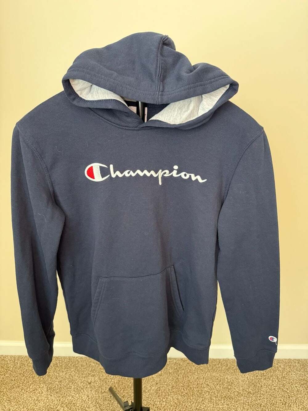 ☀️Champion Script Logo Hoodie Navy Blue Youth Size L (14-16) will fit ladies Sm